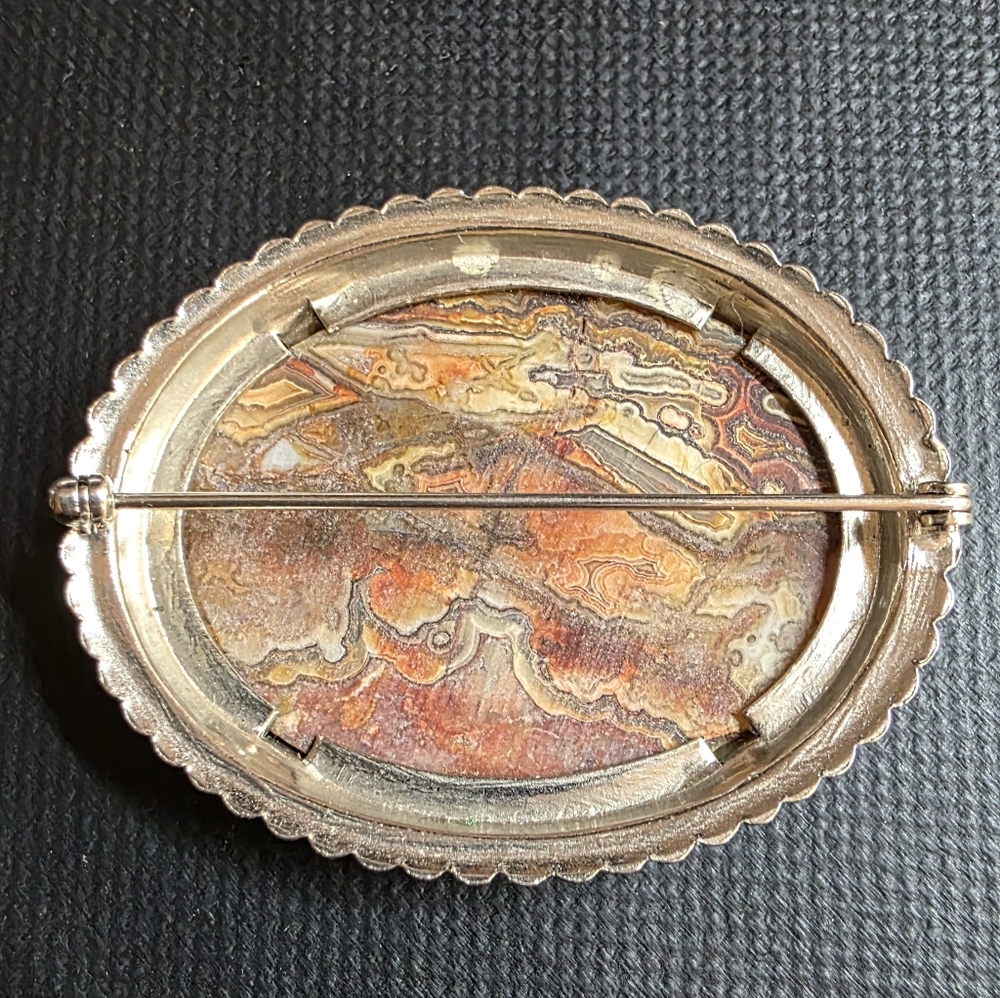 Large Crazy Lace Agate Oval Statement Brooch Silv… - image 4